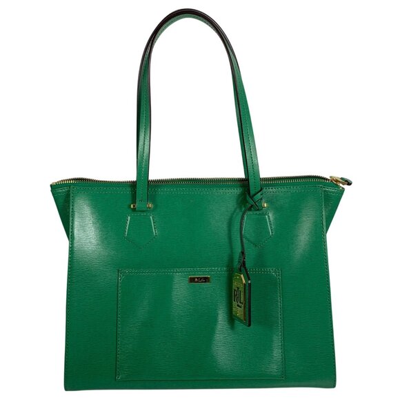 Ralph Lauren RLL Green Leather Structured Tote Shoulder Bag w/ Bag Charm/Fob EUC - Picture 1 of 13